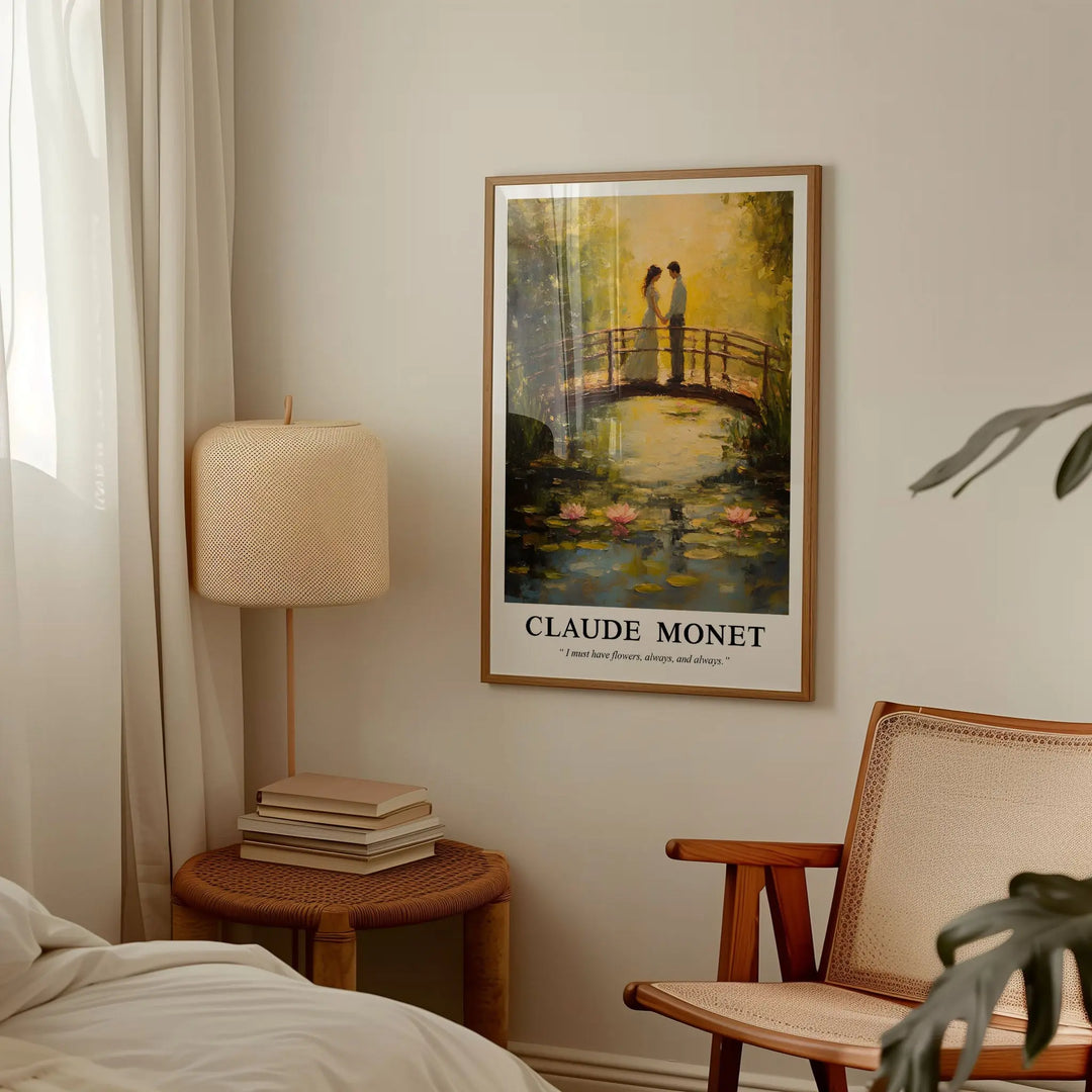 Mockup of Claude Monet Joyful Bridge wall art in a cozy bedroom setting, featuring a natural wood frame, displaying the romantic bridge and impressionist water garden charm.