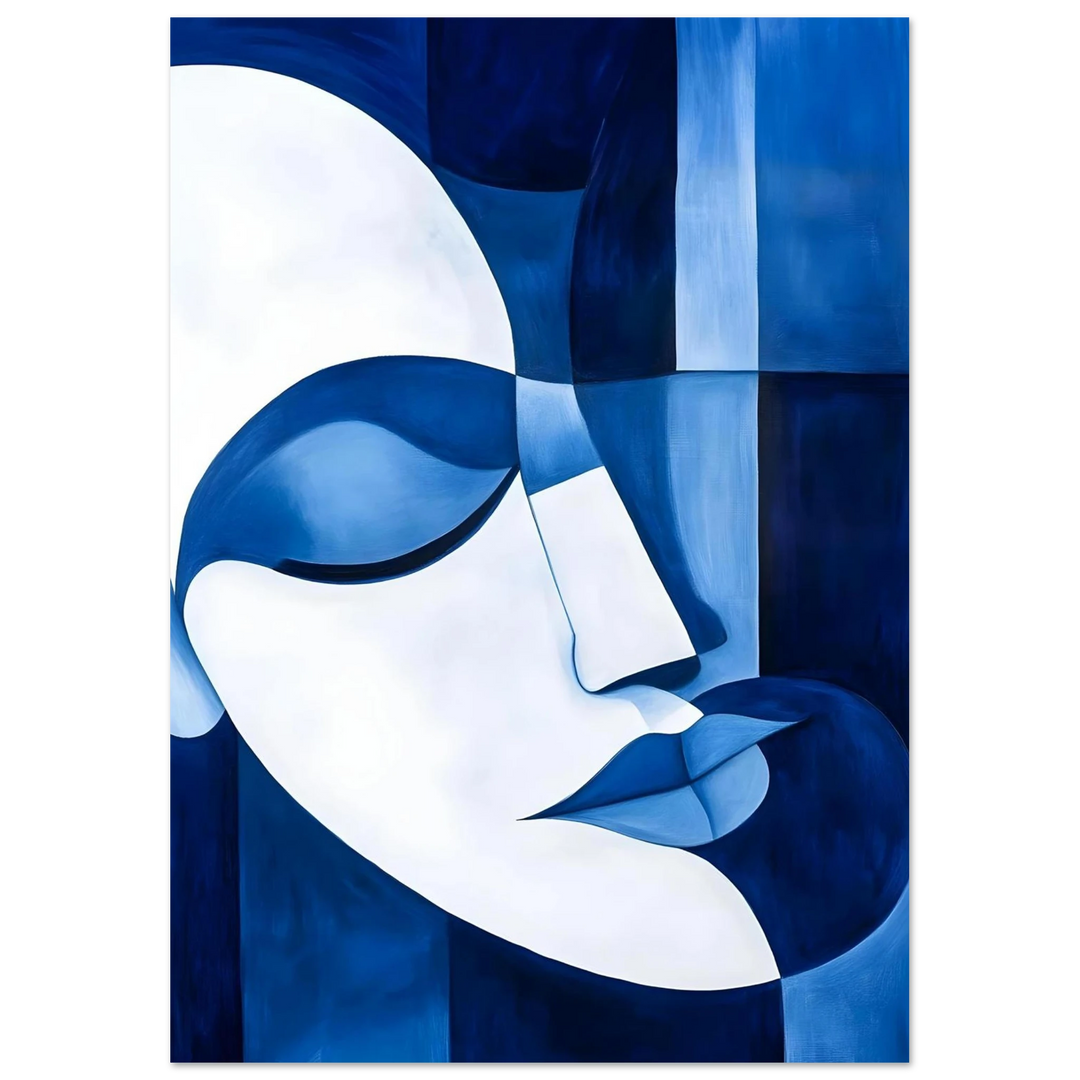 Picasso-inspired cubist portrait print in soothing blue, evoking serenity and reflection.