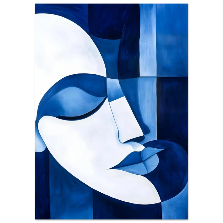 Picasso-inspired cubist portrait print in soothing blue, evoking serenity and reflection.