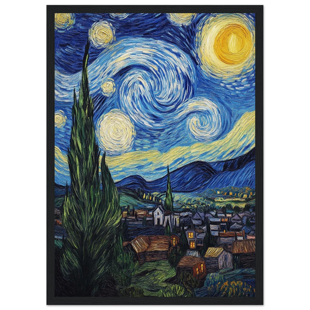 The Starry Night (1889) in a modern black frame, adding bold drama to the cosmic scene.