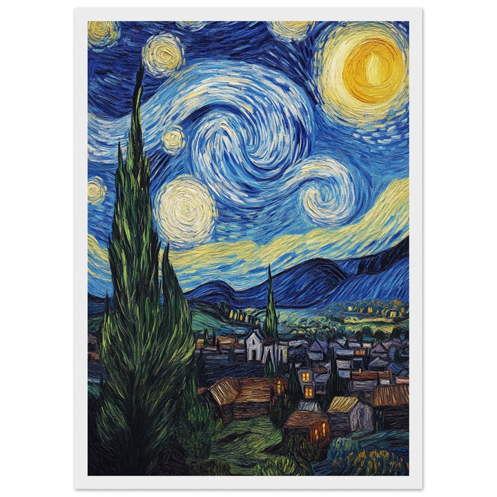 The Starry Night (1889) in a white frame, enhancing the painting's luminosity and flow.