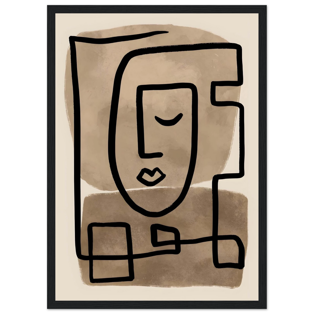 Picasso Face in Silence in a bold black frame, artistic abstract face design with earthy balance.