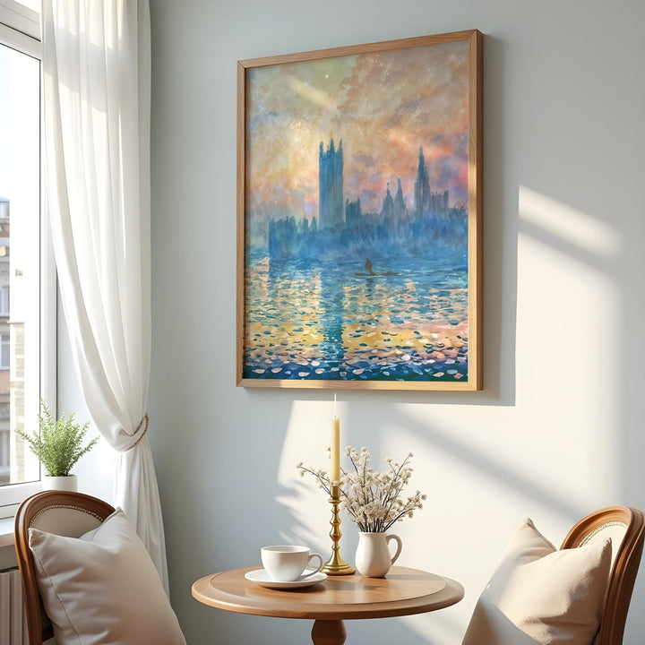 Claude Monet Houses of Parliament artwork in a wooden frame, capturing London’s skyline bathed in glowing evening light—perfect for elegant wall decor.