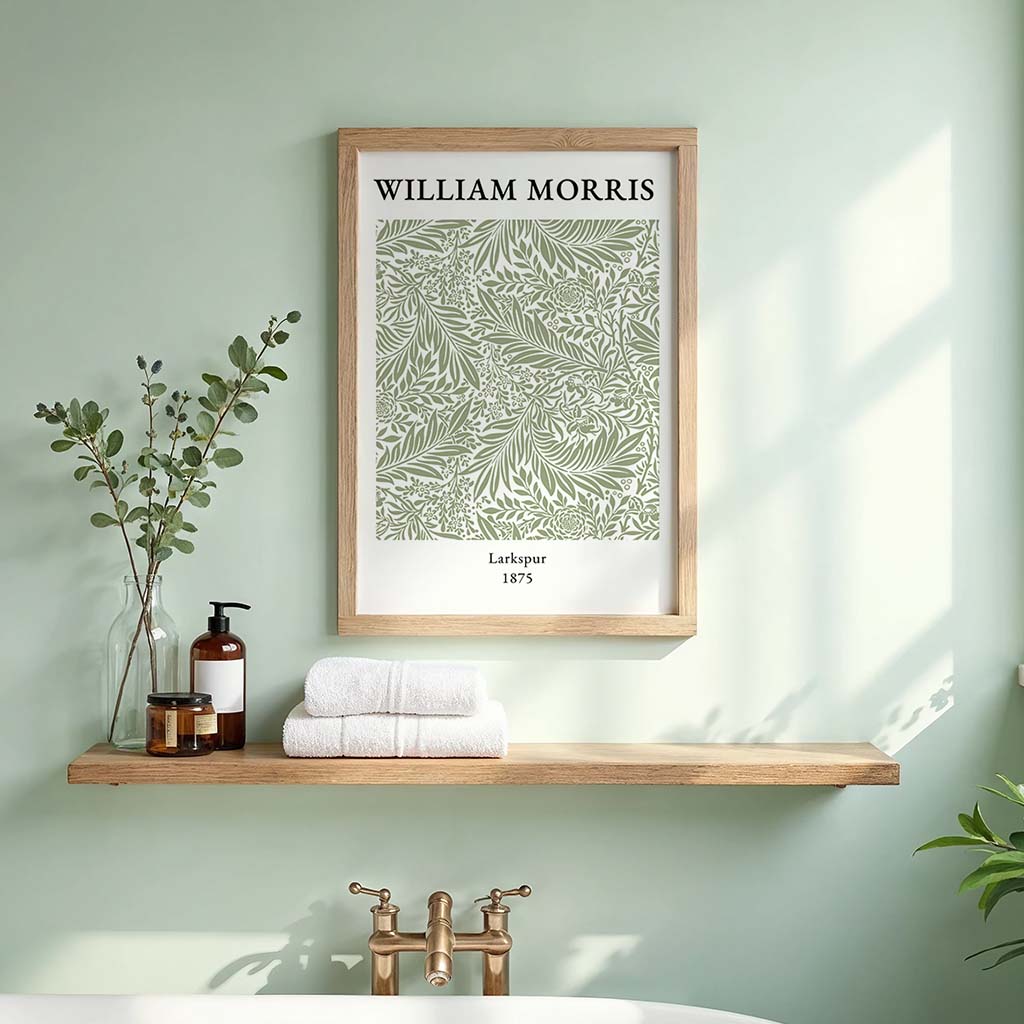 William Morris Larkspur digital download, arts and crafts movement botanical poster with green vintage floral pattern for classic home wall decor.