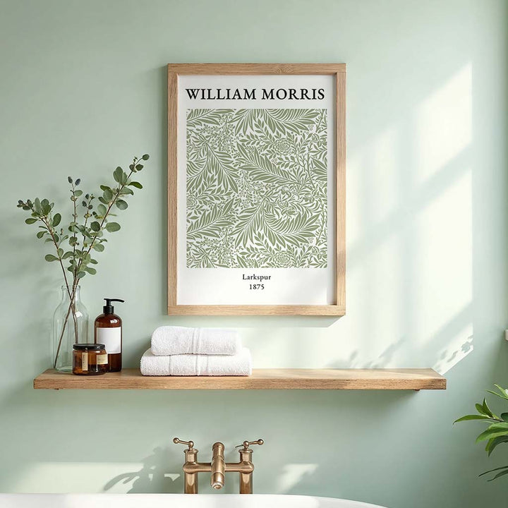William Morris Larkspur digital download, arts and crafts movement botanical poster with green vintage floral pattern for classic home wall decor.