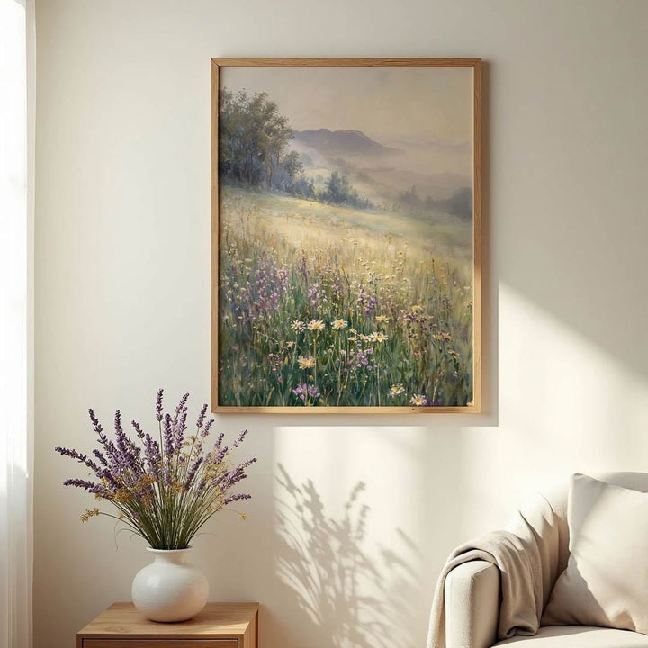 Claude Monet inspired floral landscape in a natural wood frame, showcasing a dreamy field of daisies and lavender under a soft sunrise mist.