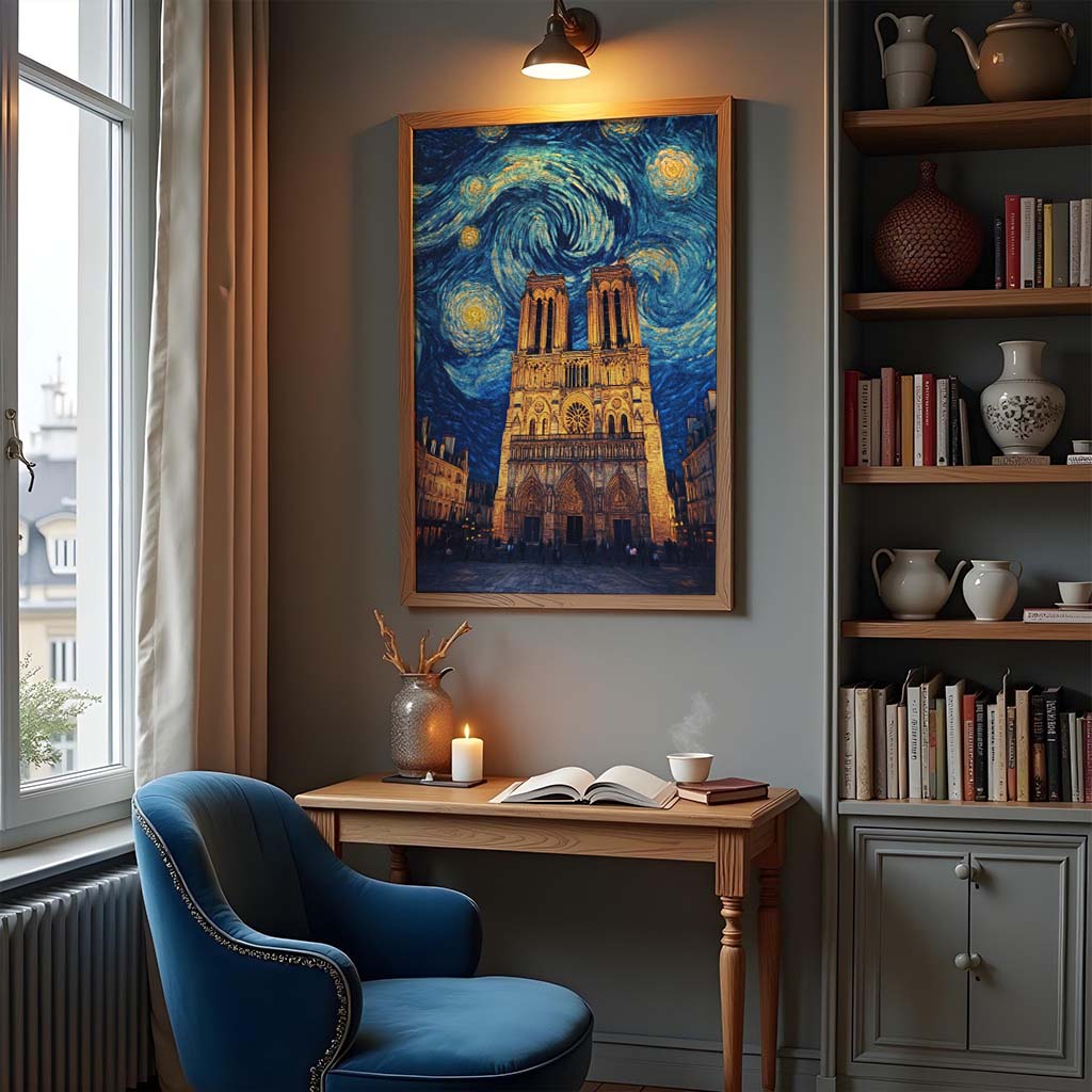 Van Gogh-inspired Paris art print featuring Notre-Dame under star-filled skies, blending iconic French architecture with vibrant brushstrokes.