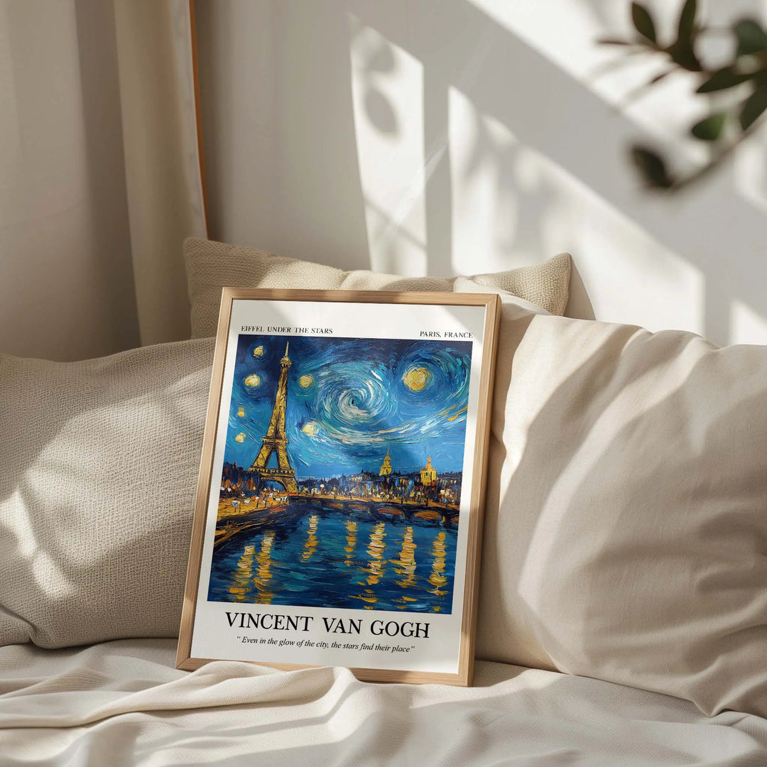 Mockup of Vincent Van Gogh Eiffel Under the Stars art print in a cozy bedroom, showcasing the Eiffel Tower under a starry sky, blending Parisian charm with classic impressionism.