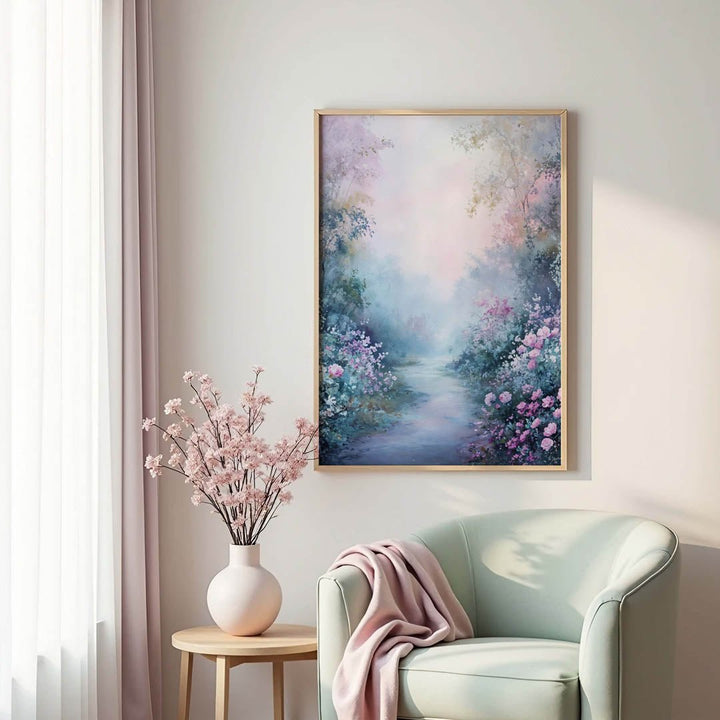 Claude Monet style garden scene in a wooden frame, featuring a misty path surrounded by blooming pink and lavender flowers in soft pastel hues.