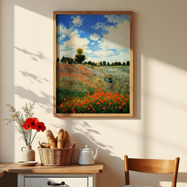Claude Monet poppy field painting with women in vintage attire walking through vibrant red flowers under a bright blue sky.