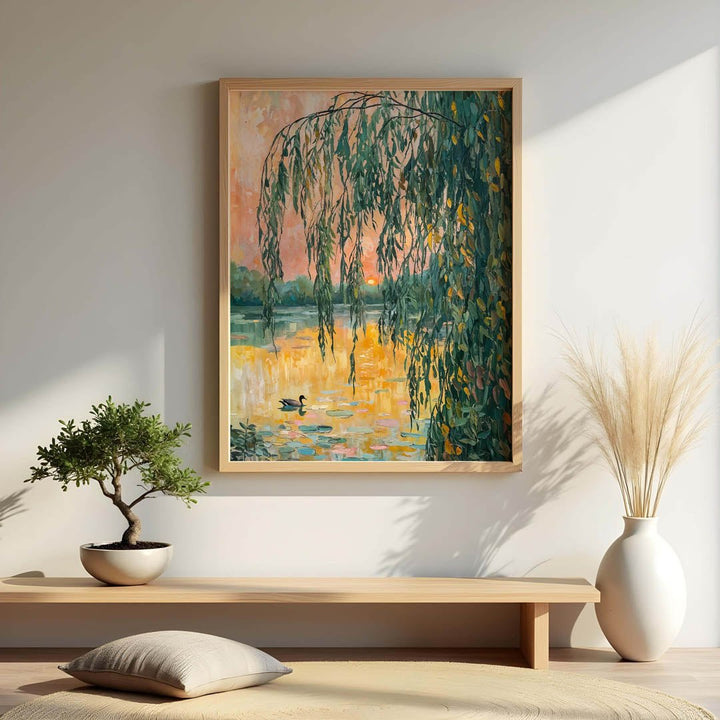 Claude Monet inspired sunset landscape in a natural wood frame, featuring golden waters, hanging willows, and a serene swan on a lily pond.