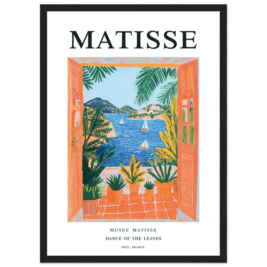 Matisse Dance of the Leaves black framed poster – Mediterranean-inspired wall art with an open window, lush greenery, and a vivid coastal landscape.