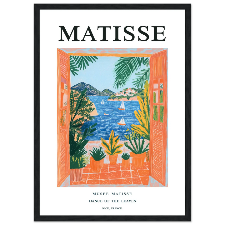 Matisse Dance of the Leaves black framed poster – Mediterranean-inspired wall art with an open window, lush greenery, and a vivid coastal landscape.