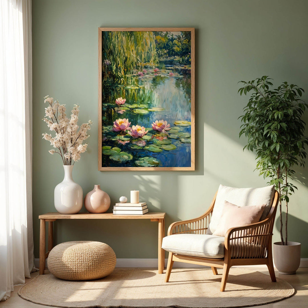 Claude Monet water lilies art print in a warm wooden frame, capturing the tranquility of a lily pond with soft impressionist brushstrokes for elegant home decor.