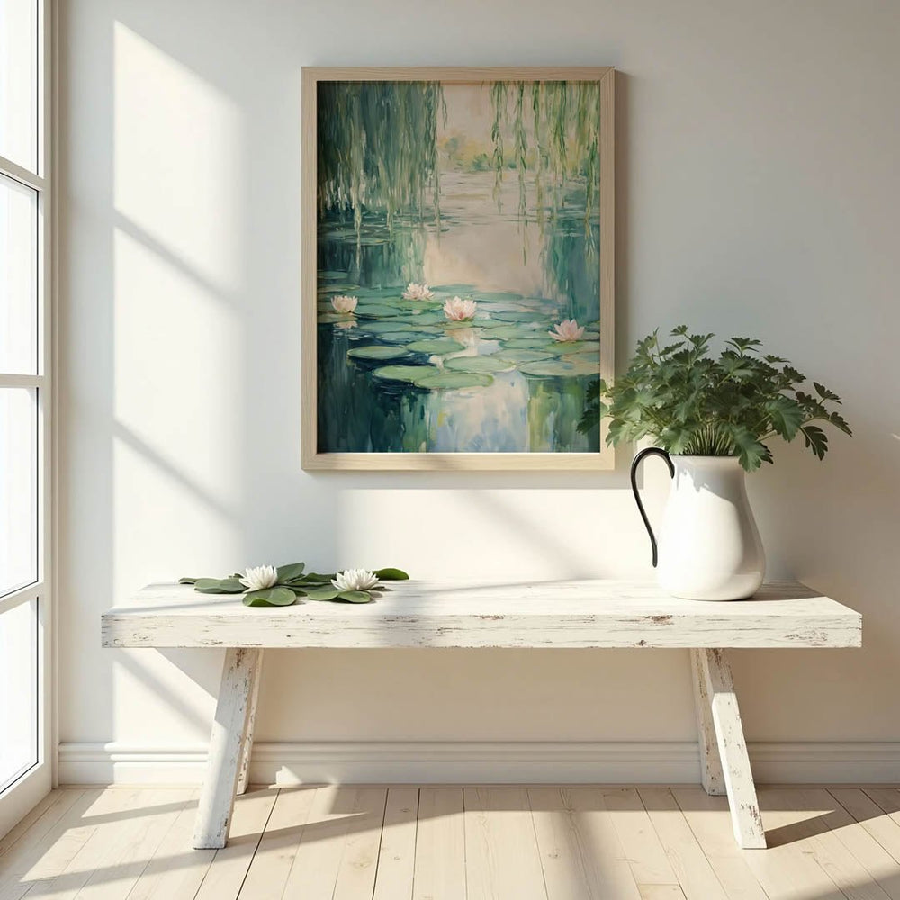 Claude Monet inspired water lilies art print in a warm wood frame, featuring delicate lilies and hanging willows on a tranquil pond.
