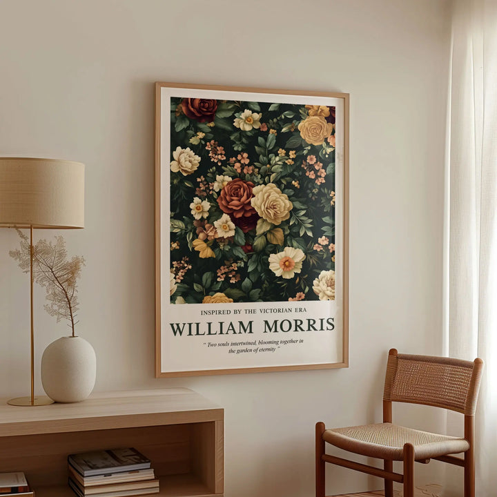 Mockup of William Morris Floral Garden poster in a minimalist living space, showcasing classic floral designs with a natural wood frame, perfect for Arts and Crafts-inspired decor. arinea