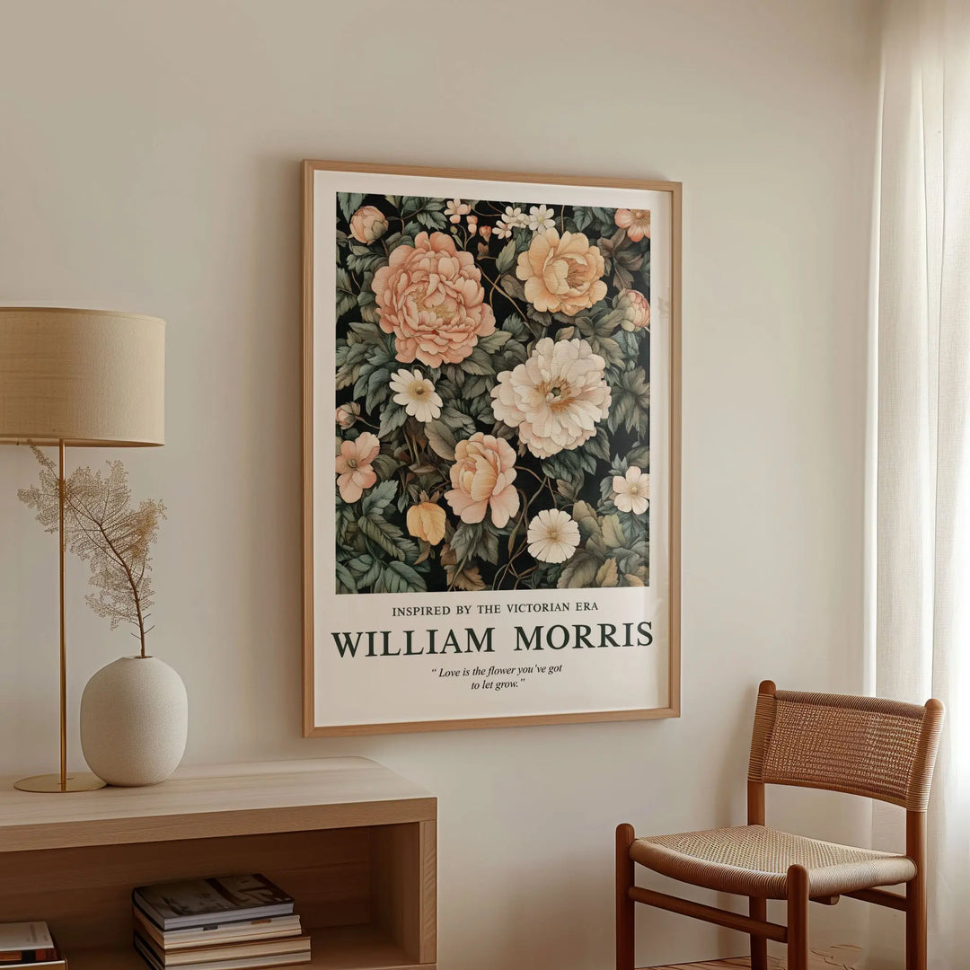 Mockup of William Morris Floral Harmony poster in a modern living space, with vibrant floral patterns framed in natural wood, adding a touch of timeless elegance to the room.