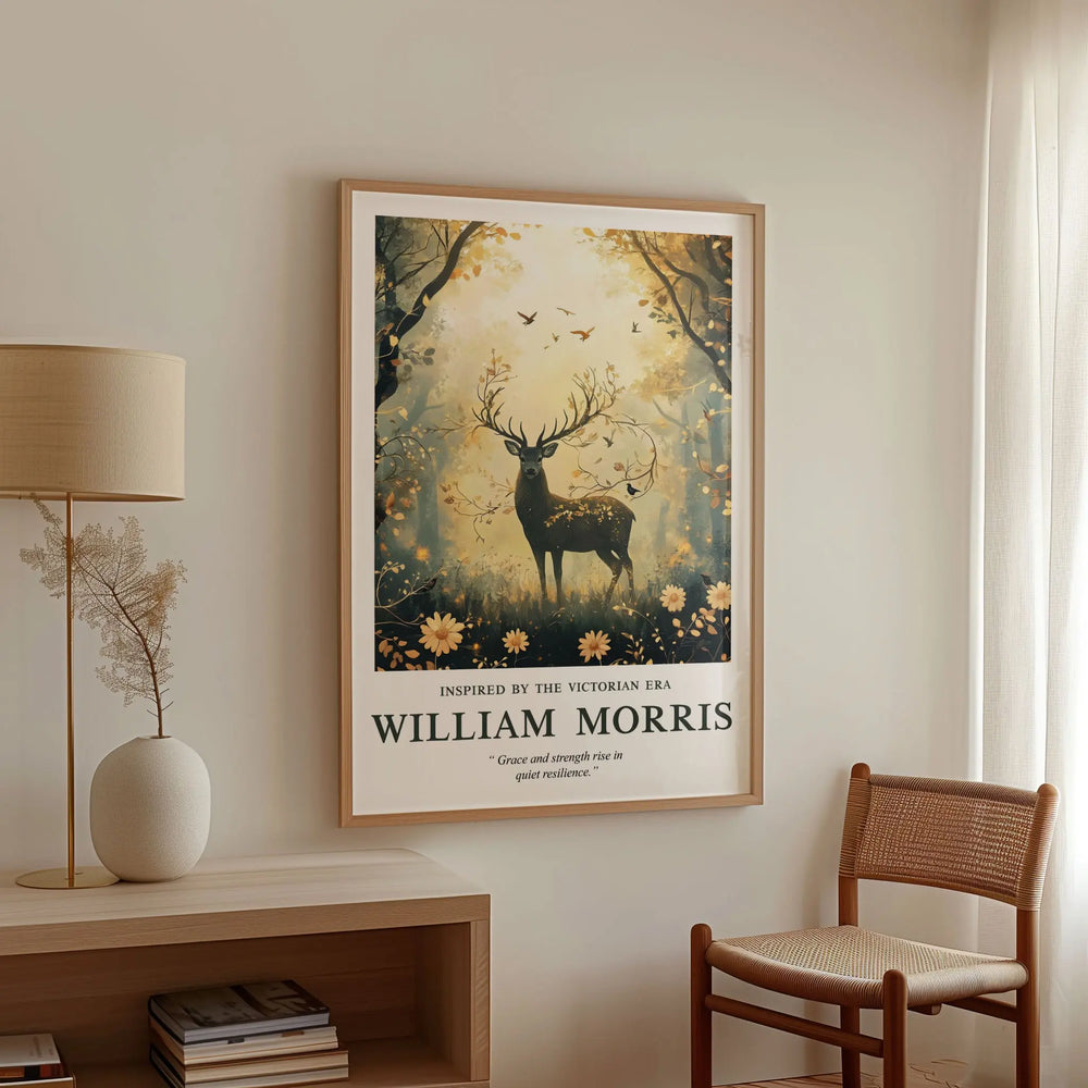 Mockup of William Morris Forest Grace poster in a cozy living room, featuring a natural wood frame and a picturesque deer amidst floral elegance, bringing Victorian charm to the space.