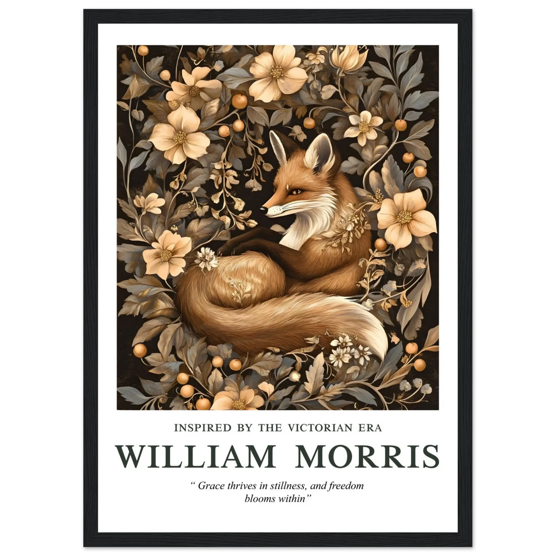 William Morris Grace Within art print in a black frame, showcasing a tranquil fox amidst intricate vintage floral designs, perfect for enhancing any room with classic Arts and Crafts charm.