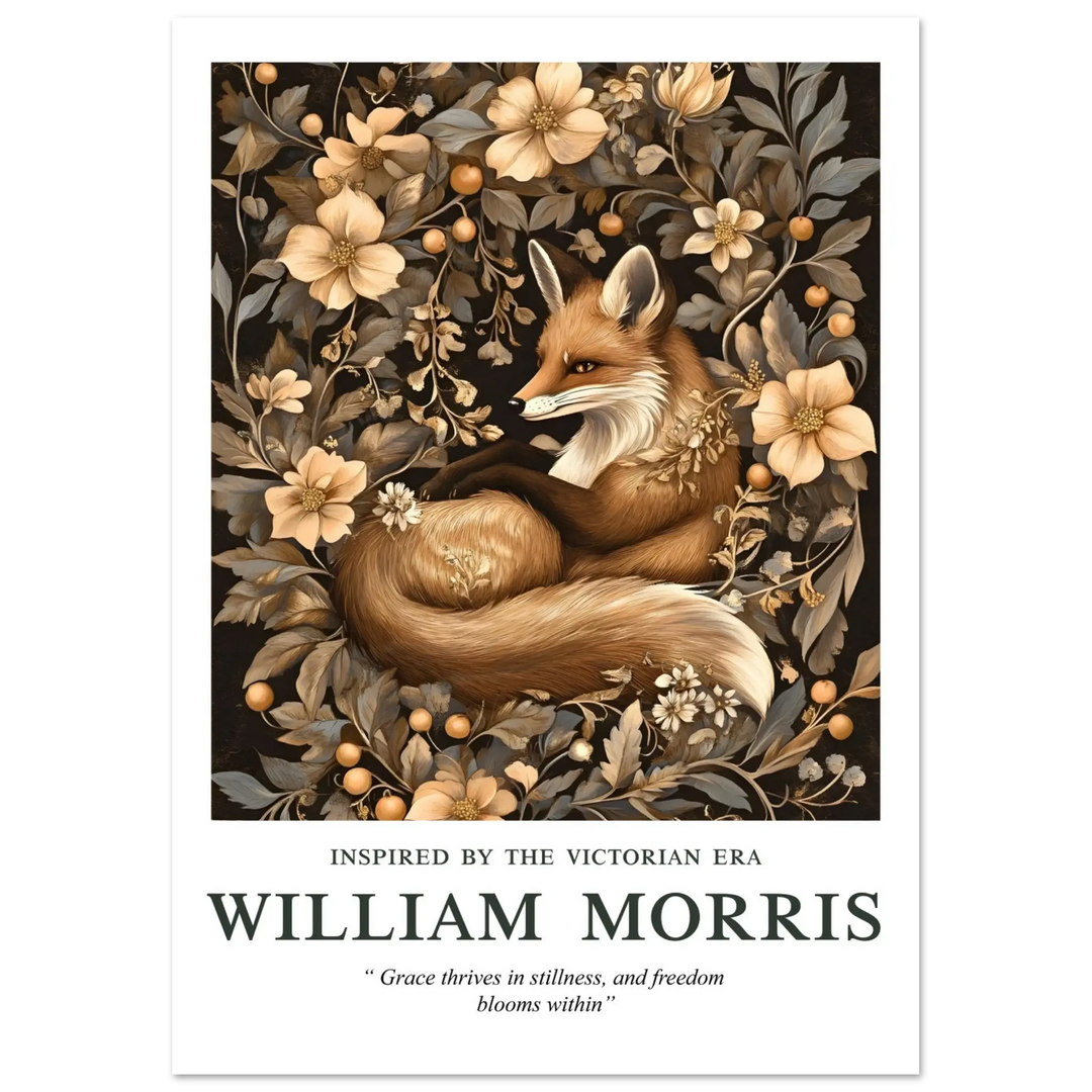 Unframed William Morris Grace Within poster, presenting a charming fox surrounded by rich Victorian floral art, offering versatile styling for nature-inspired home decor.