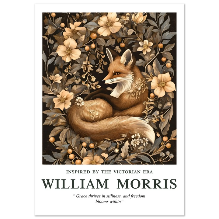 Unframed William Morris Grace Within poster, presenting a charming fox surrounded by rich Victorian floral art, offering versatile styling for nature-inspired home decor.