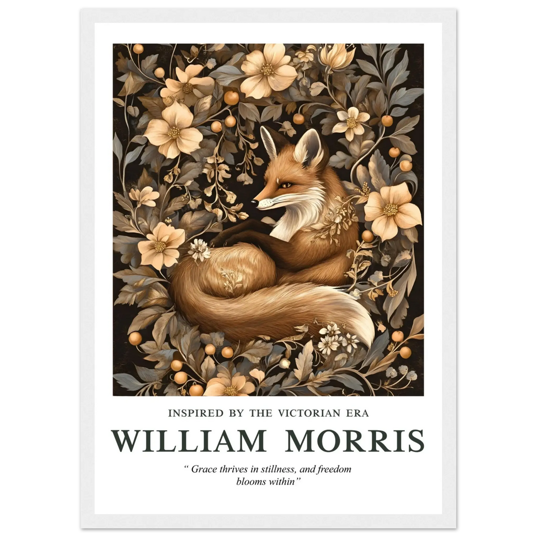 William Morris Grace Within wall art in a white frame, blending the peaceful imagery of a fox with lush floral patterns, ideal for creating a cozy and stylish interior.