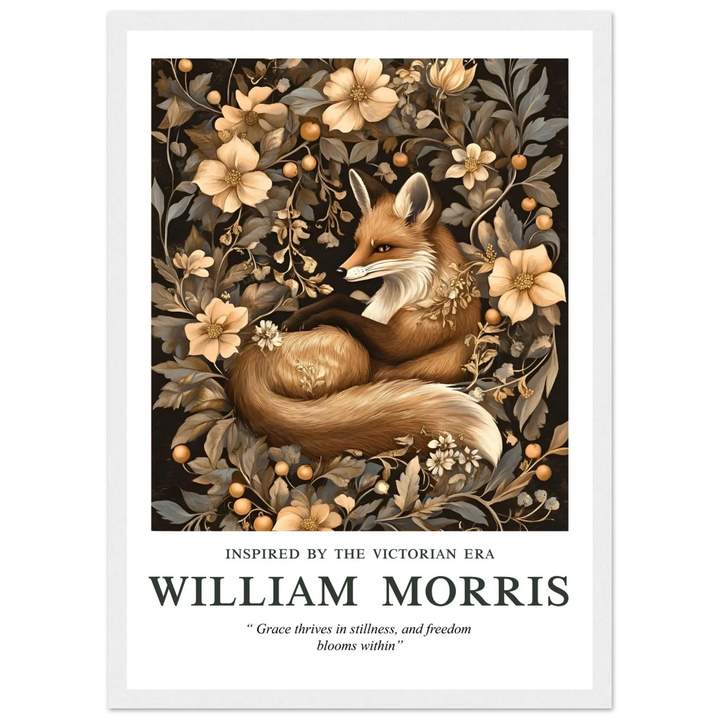 William Morris Grace Within wall art in a white frame, blending the peaceful imagery of a fox with lush floral patterns, ideal for creating a cozy and stylish interior.