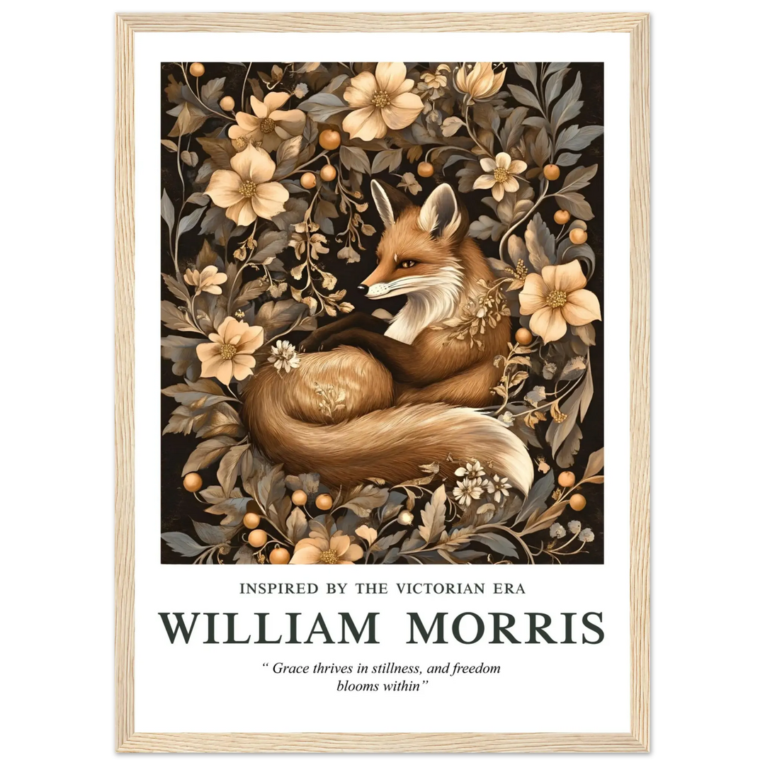 William Morris Grace Within poster in a natural wood frame, featuring a serene fox nestled among Victorian-inspired floral patterns, adding timeless elegance to your home decor.