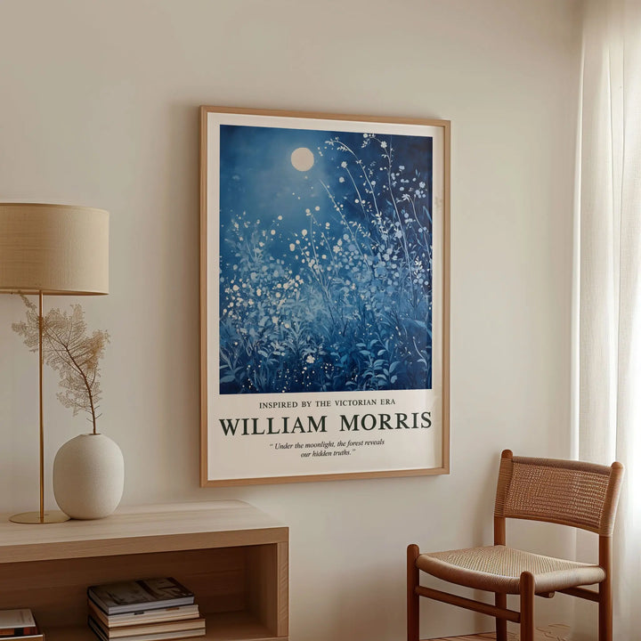 Mockup of William Morris Moonlight Style art print in a modern living space, featuring a natural wood frame and a calming night sky scene, bringing timeless Arts and Crafts charm to home decor.