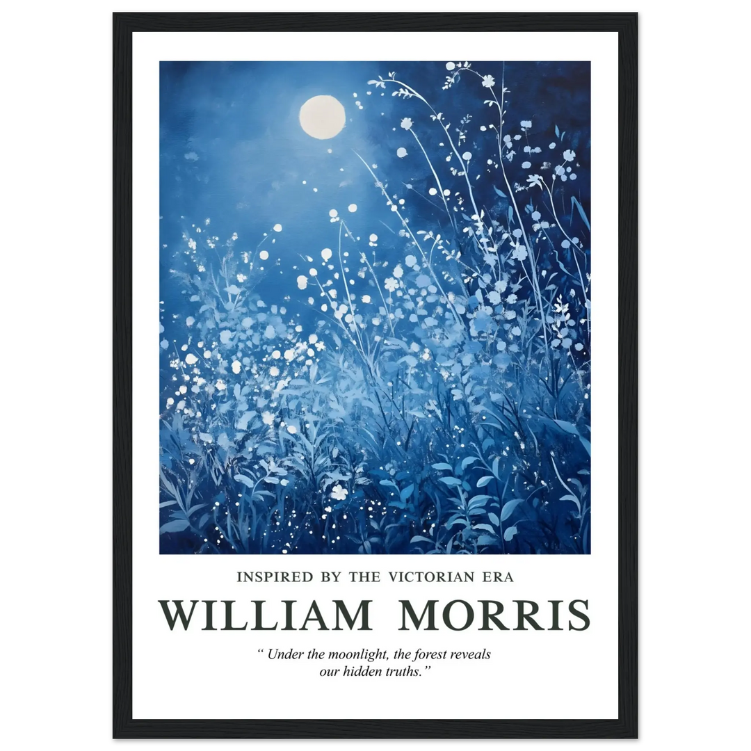 William Morris Moonlight Style poster in a black frame, featuring a tranquil blue-toned botanical design with classic Arts and Crafts Movement influences, perfect for vintage home decor.