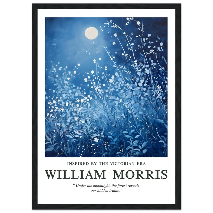 William Morris Moonlight Style poster in a black frame, featuring a tranquil blue-toned botanical design with classic Arts and Crafts Movement influences, perfect for vintage home decor.