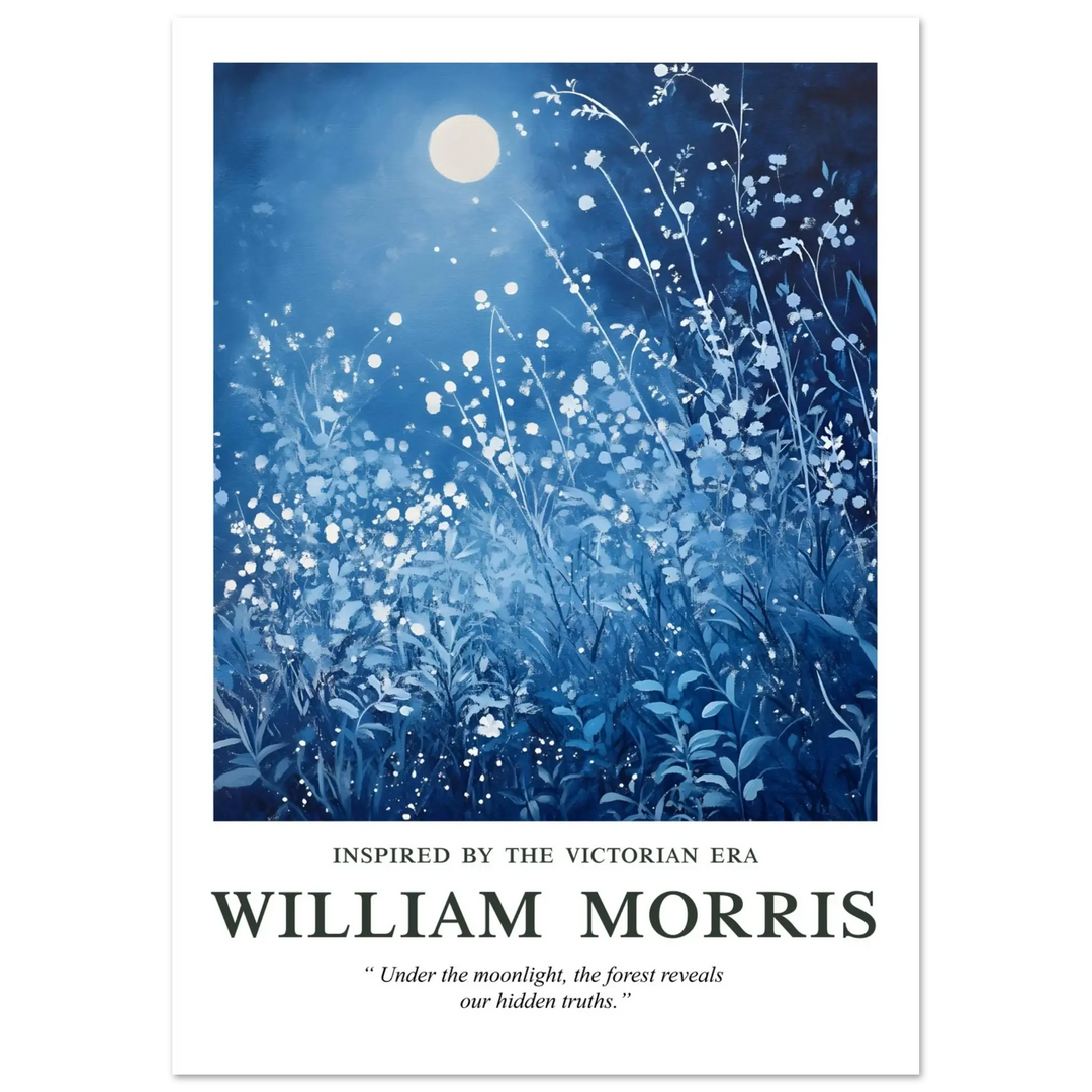 Unframed William Morris Moonlight Style poster, highlighting a captivating blue night landscape with Victorian floral patterns, suitable for creating a serene living room ambiance.