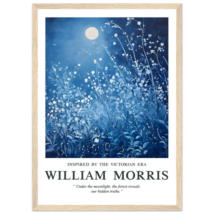 William Morris Moonlight Style art print in a natural wood frame, showcasing a serene Victorian-inspired night scene with delicate floral patterns, ideal for adding timeless elegance to home decor.