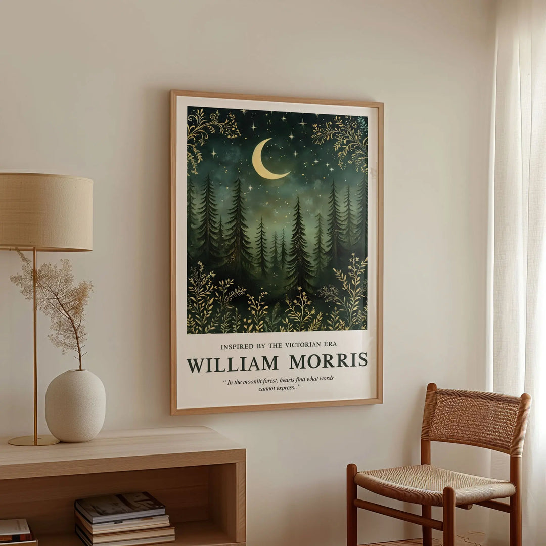 Mockup of William Morris Moonlit Forest poster in a minimalist living space, featuring a natural wood frame and a calming night sky scene, bringing Victorian charm to home decor.