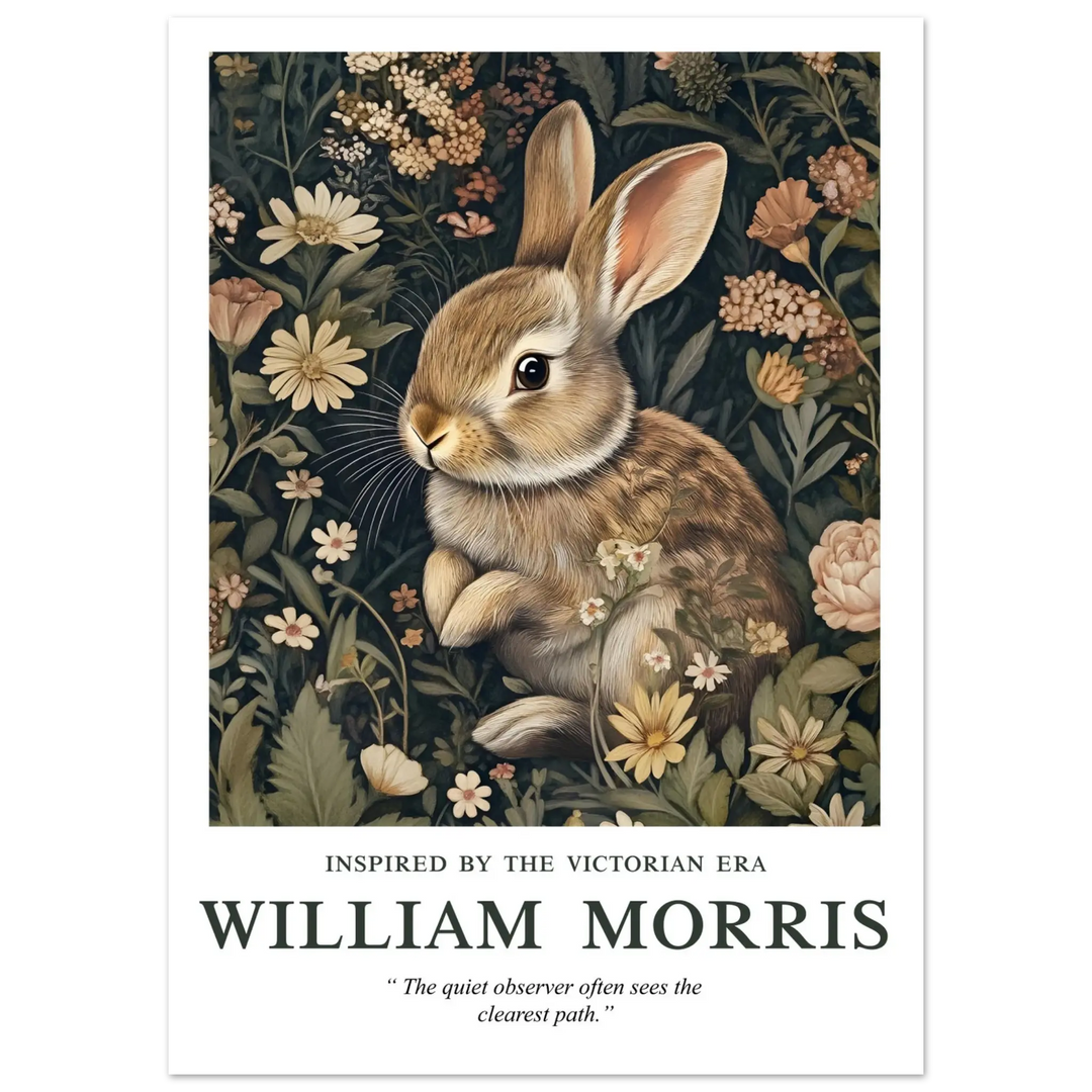 Unframed William Morris Quiet Observer poster, presenting a charming rabbit nestled in Victorian-inspired floral art, offering versatile styling for nature-inspired home decor.