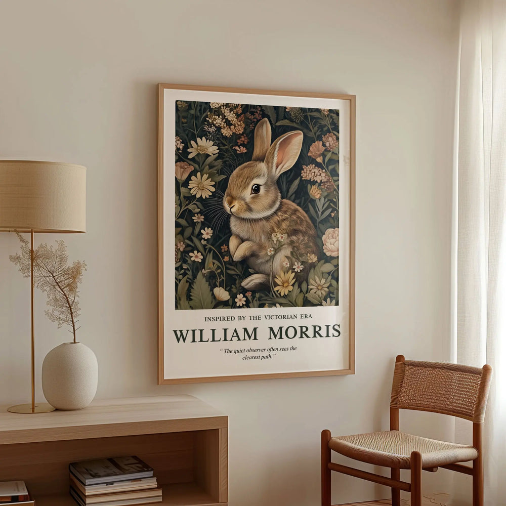 Mockup of William Morris Quiet Observer poster in a cozy room setting, showcasing Victorian-inspired art with a rabbit and floral designs in a natural wood frame, enhancing classic home decor.