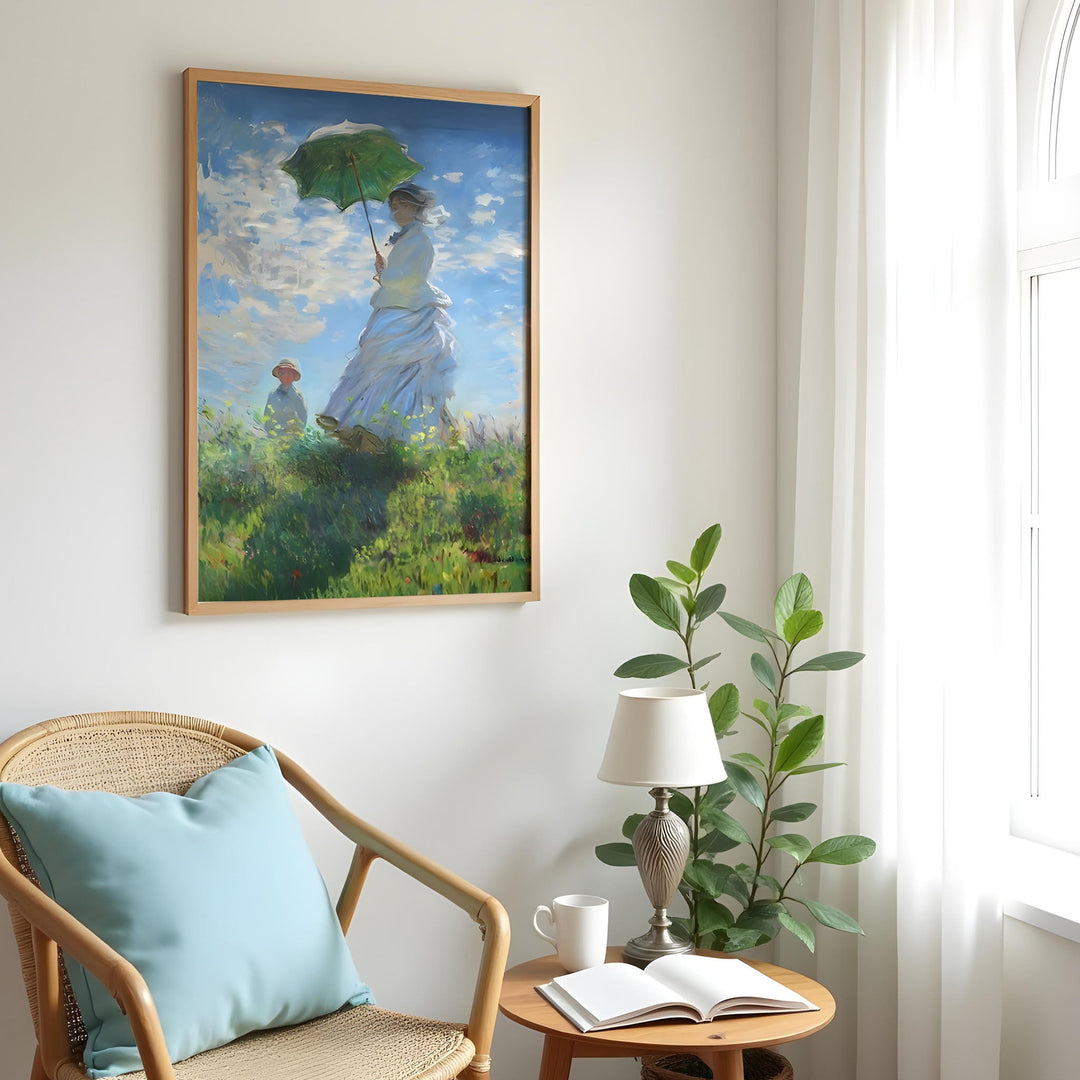 Claude Monet Woman with a Parasol framed in light oak, a classic impressionist artwork full of grace and natural beauty for elegant decor.